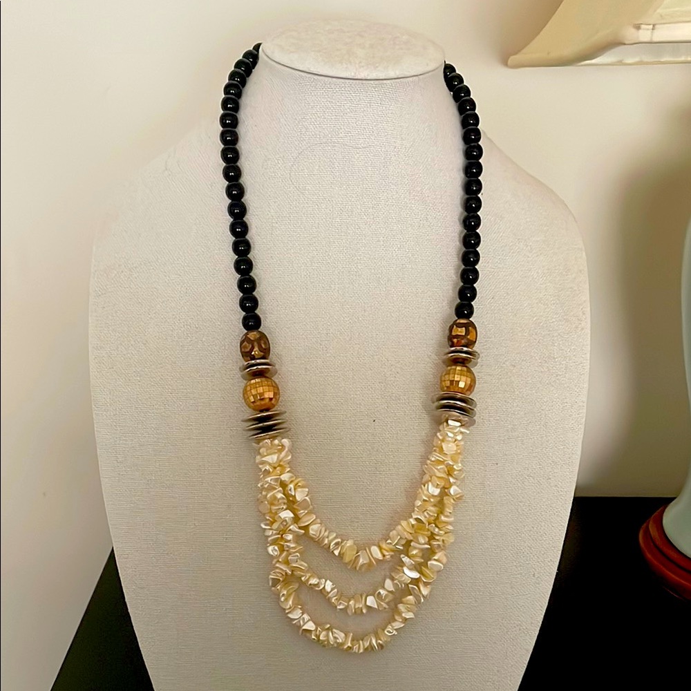 Vintage Black & Gold Beads w/ Cream Keshi Pearl Necklace